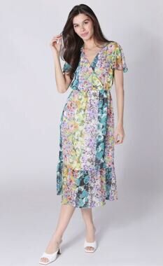 Parker & Rowe Faux Wrap Crystal Youryu Dress Floral Print Size Large NWT Vibrant